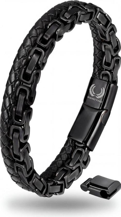 Bracelet cuir / Bracelets à maillons noir - Mauro vinci® Virto - 19cm à 21,5cm réglable - Avec packaging luxe