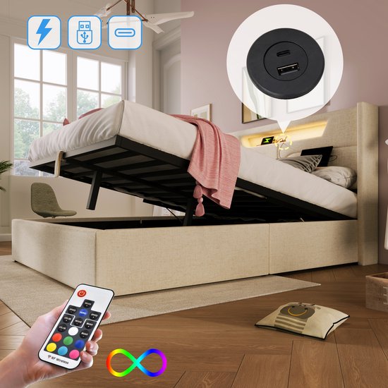 lit deux places avec rangement, lit rembourré avec éclairage LED, fonction de recharge USB et cadre de lit de rangement sans matelas, beige, 140 x 200 cm