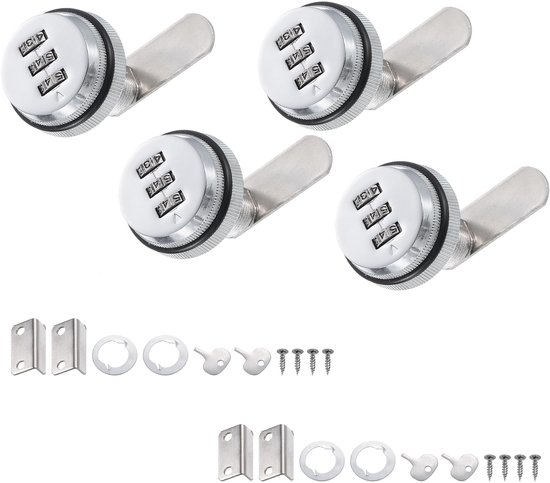 Cijferslot - cijferslotje 3 cijfers - Set van 4 - Ladecombinatiesloten - Sloten voor archiefkasten - Geschikt voor panelen van 5-12 mm - Hoogwaardige aluminiumlegering - Inclusief slotvanger, aanpassingsgereedschap en schroeven