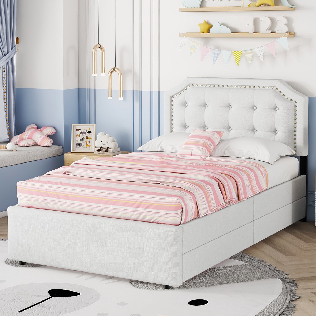 REDOM Bedframe – 90x200 cm – Met verstelbaar hoofdbord, 2 lades & koperkleurige siernagels – Linnen & MDF – Lichtbeige