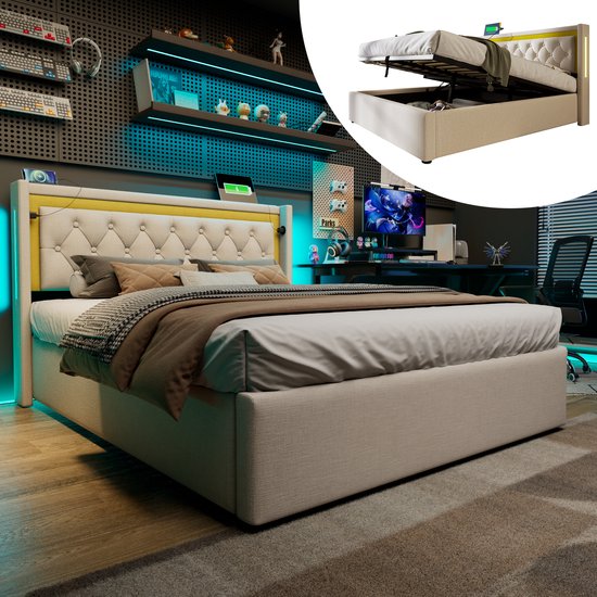 REDOM Bedframe 160x200 cm – Katoen – LED & USB/Type-C – Opbergruimte – Hellbeige & Mosterdgeel – 300 kg
