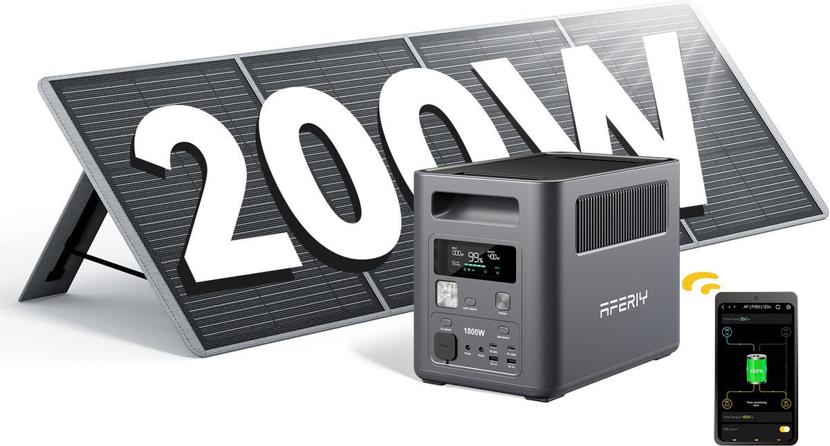 AFERIY Nomad1800 1024Wh - Powerstation 1800W met zonnepaneel 200W - 9 uitgangspoorten - UPS < 10 ms - Snel opladen 36min