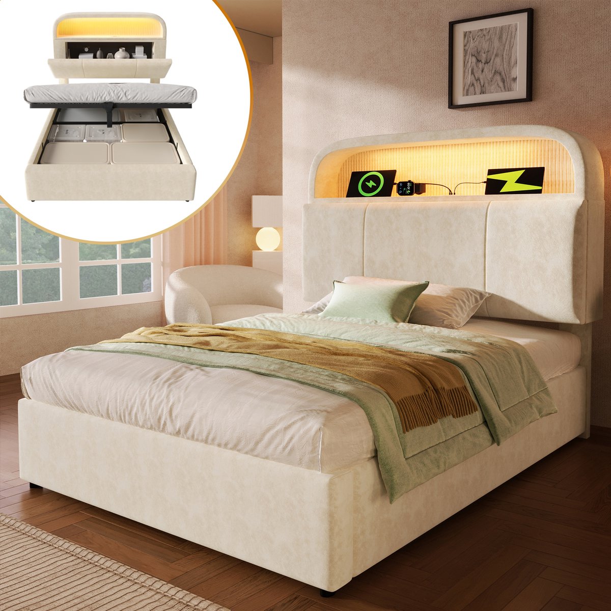 REDOM Bedframe 90x200 cm van fluweel – Met verstelbaar hoofdbord, LED, laadstation en hydraulische opberging – Beige