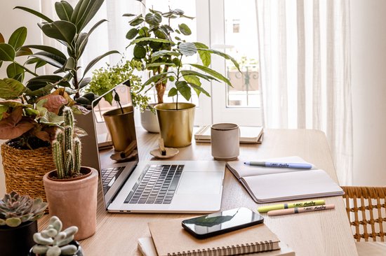 Een bureau met planten, een laptop, en pastelkleurige BIC markeerstiften op een notitieboekje.