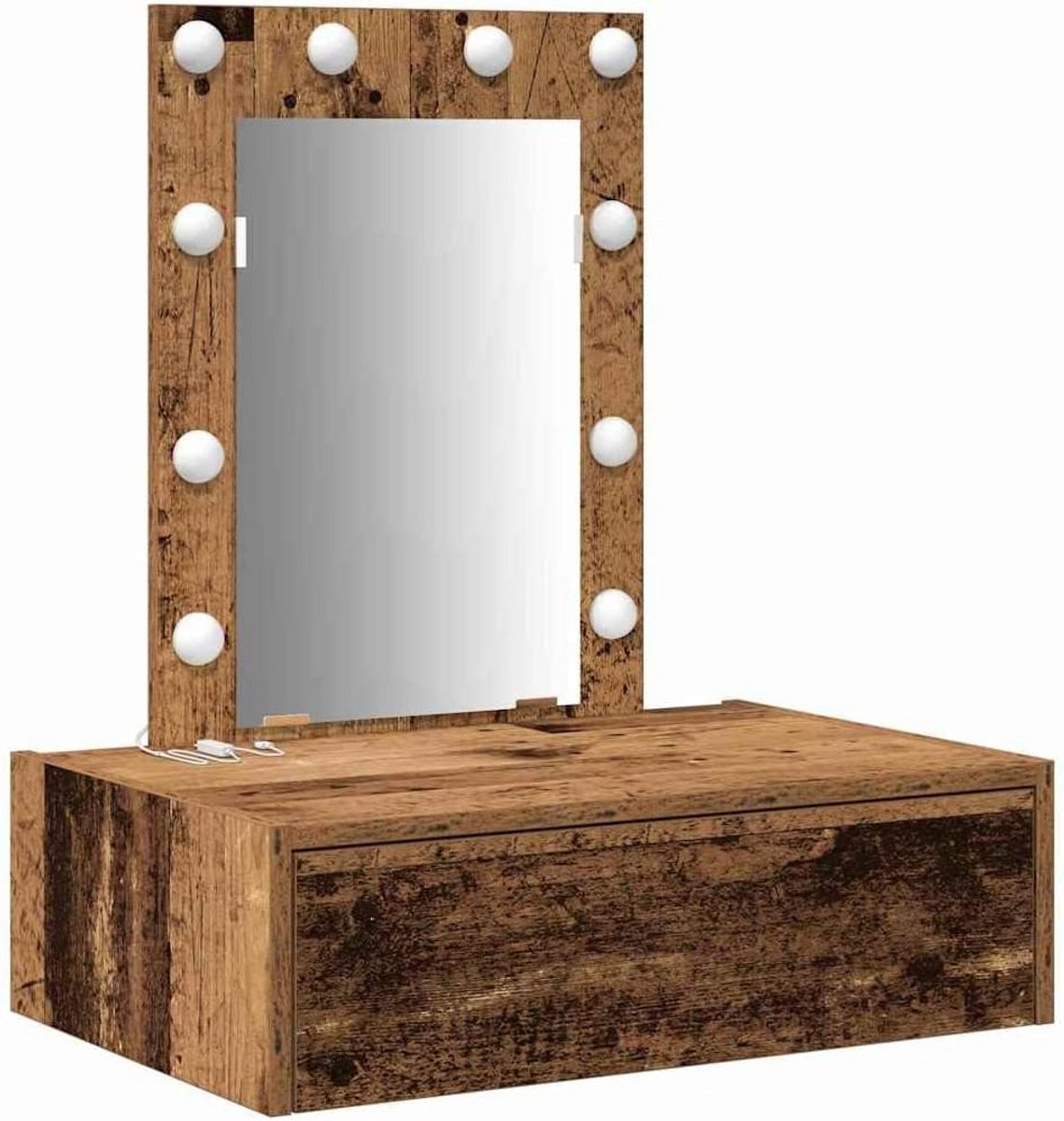 Compacte Kaptafel met LED Spiegel en Opberglades - Rustiek Hout