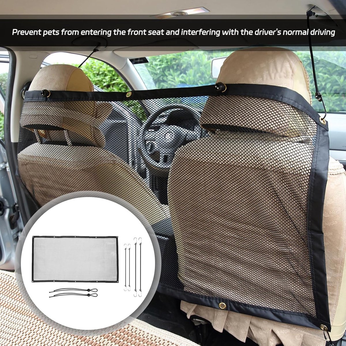 Candala Autobarrière voor honden, scheidingsnet voor auto met versteltouw en haak, verstelbaar scheidingsrooster voor kofferbak met touw en haken, net voor honden auto (110 x 72 cm)