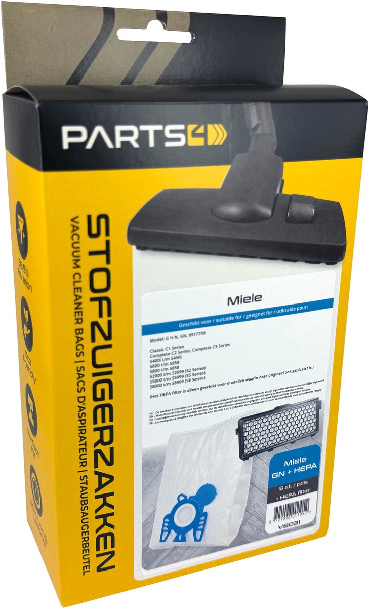 5 Stofzuigerzakken PARTS4® geschikt voor Miele GN + HEPA Filter | O.a. geschikt voor Miele G, N, H, Classic C1, Complete C2, Complete C3, S2 (S2000 > S2999), S5 (S5000 > S5999), S8 (S8000 > S8999), MI40, 9917730