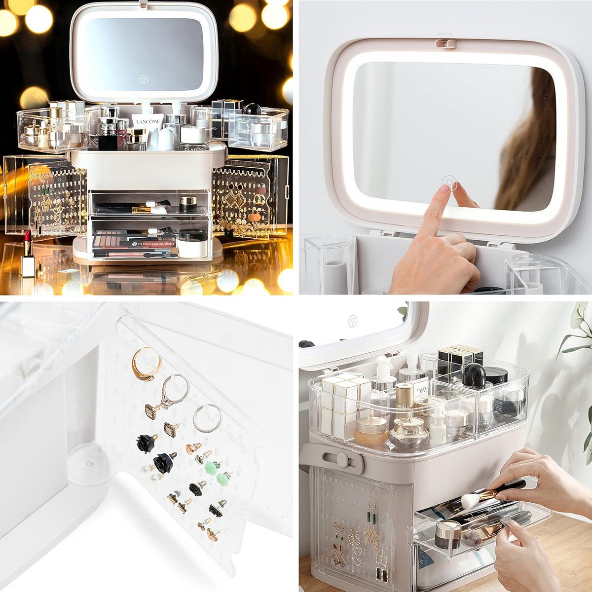 Professionele Make-up Opbergkoffer met Dimbare LED Spiegel en Sieraden Vakken