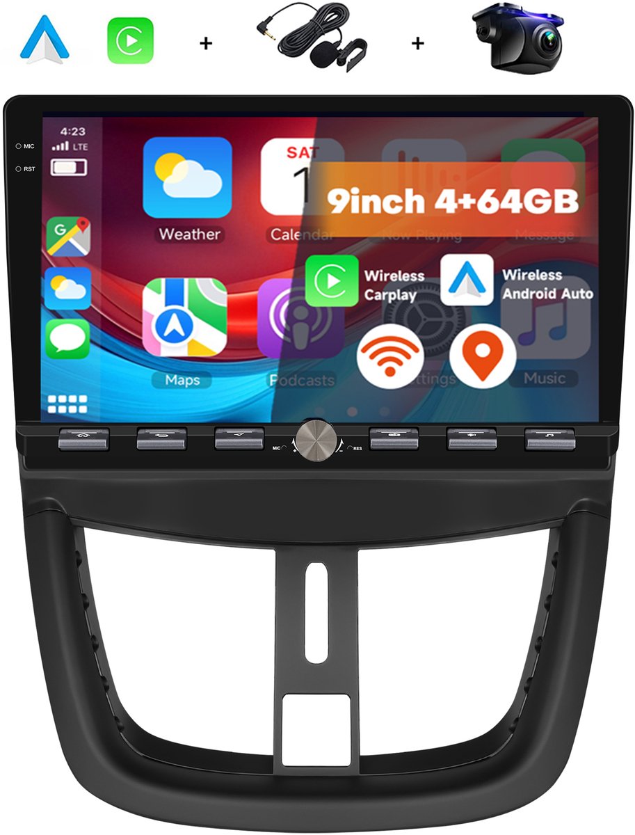 Boscer Android 15 Autoradio - Geschikt voor Peugeot 207 2006-2015 - 4+64GB - 9 inch HD IPS Touchscreen - Draadloze Apple CarPlay & Android Auto - GPS Navigatie - Bluetooth, USB & MP5 - Microfoon & AHD Achteruitrijcamera