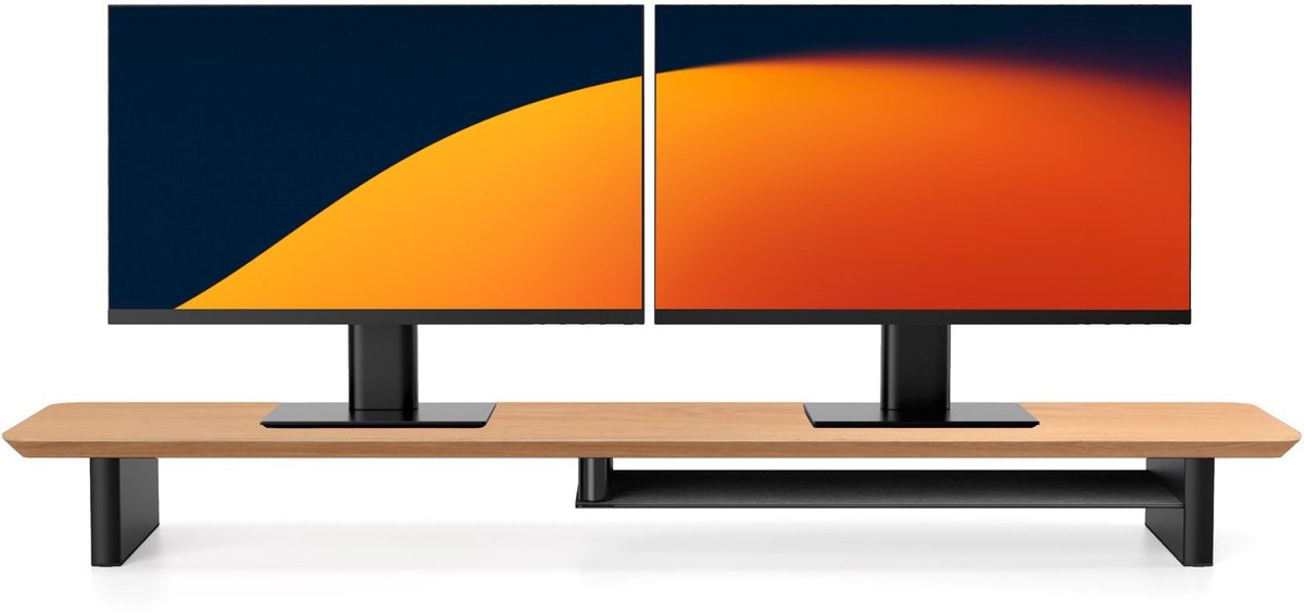 Alberenz Monitor verhoger Eiken - Bureau organizer - Monitorverhoger extra breed - Geschikt voor 2 schermen - Met opbergvak - Licht eiken met grijze poten