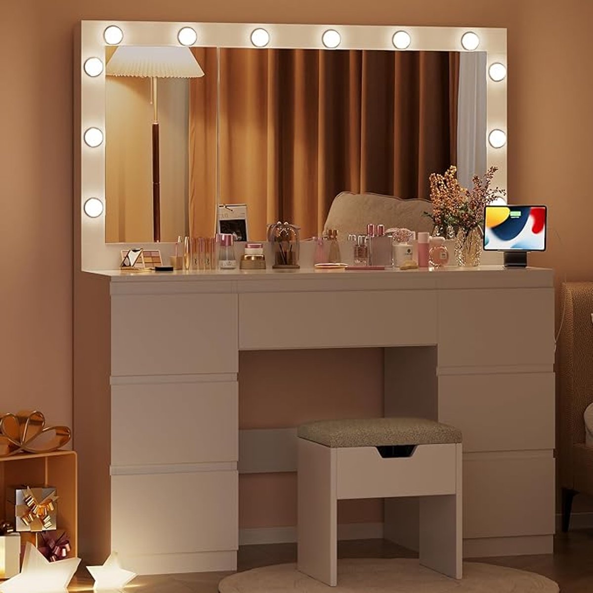 Make-uptafel met LED Spiegel 120x40x140 cm – Luxe Kaptafel met 7 Laden, Sieradenopslag, Stopcontacten, USB & Type-C Opladen – Modern Design – Pauwhome