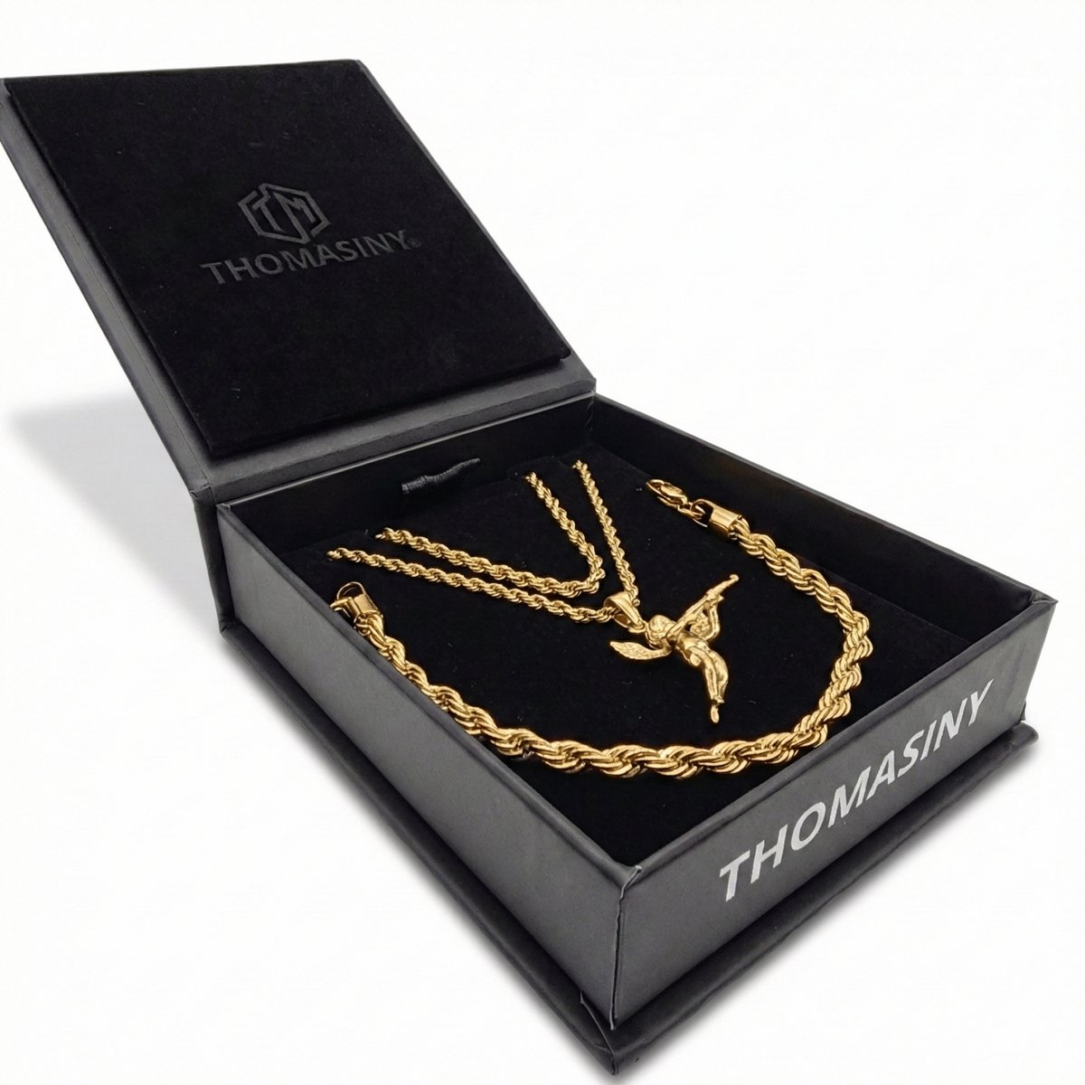 Thomasiny Cupido’s Revenge Set Goudkleurig – 3-delige Heren Sieraden Set met Ketting, Armband & Extra Ketting – RVS 316L – Luxe Geschenkverpakking