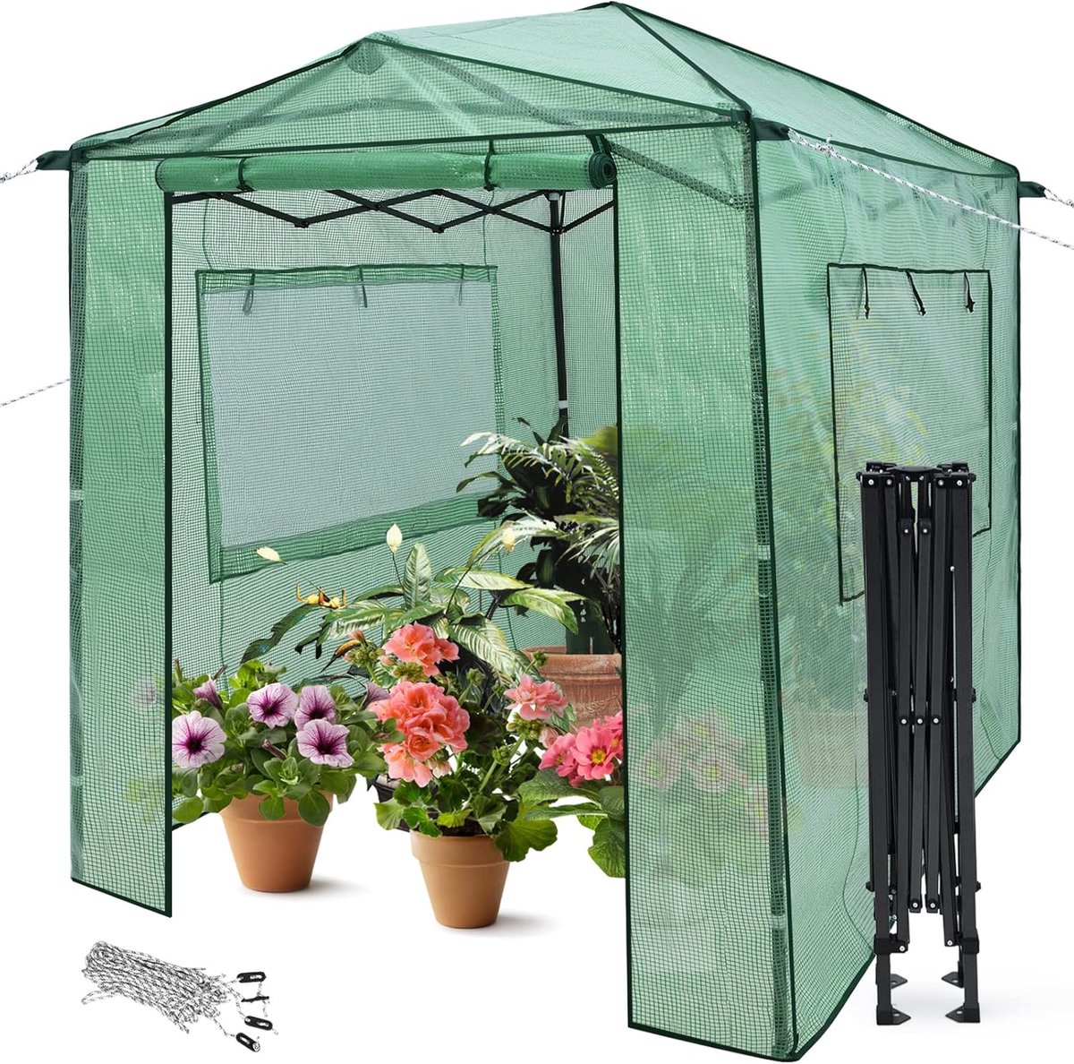 KOMFOTTEU 183 x 244 cm broeikas, tuinkas met oprolbare deuren en zijramen, broeikas met PE-afdekking voor bloemen en planten