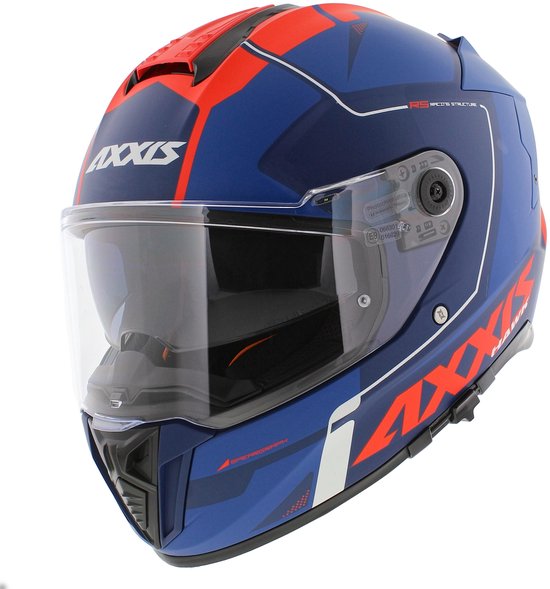 Blauwe integraalhelm met rode patronen, AXXIS HAWK logo en vizier.