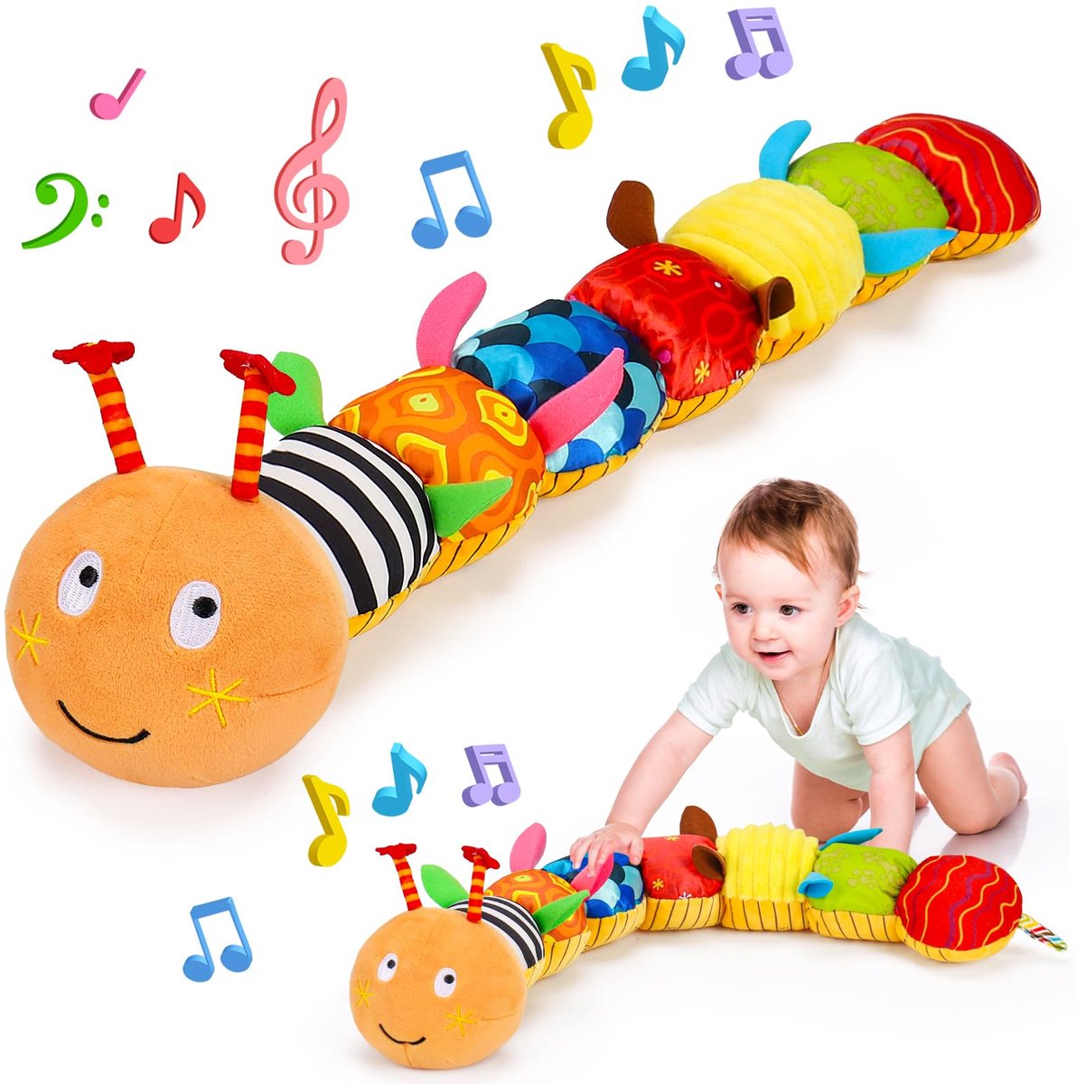 Kraftverdia Buikligtrainer Baby - Sensorisch Knuffelspeelgoed met Knisperboekje en Rammelgeluid & Muzikale en Bijts -Pluche Rupsenthema - Geschikt vanaf 0 Maanden - Maanden - Oranje