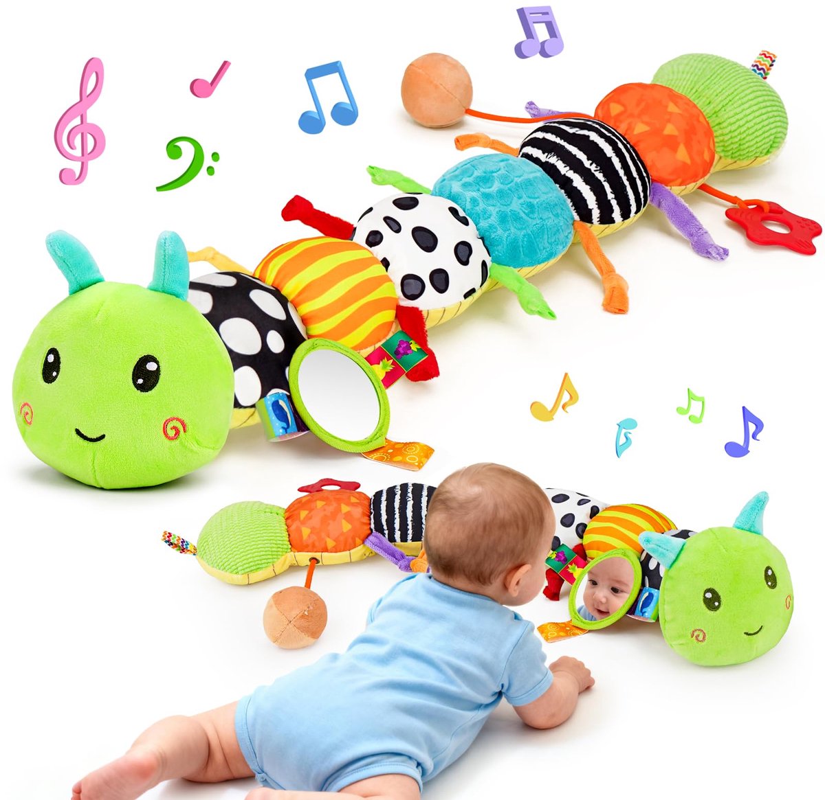 Kraftverdia Buikligtrainer Baby - Sensorisch Knuffelspeelgoed met Geluid en Texturen & Muzikale - Pluche Rupsenthema - Geschikt vanaf 0 Maanden