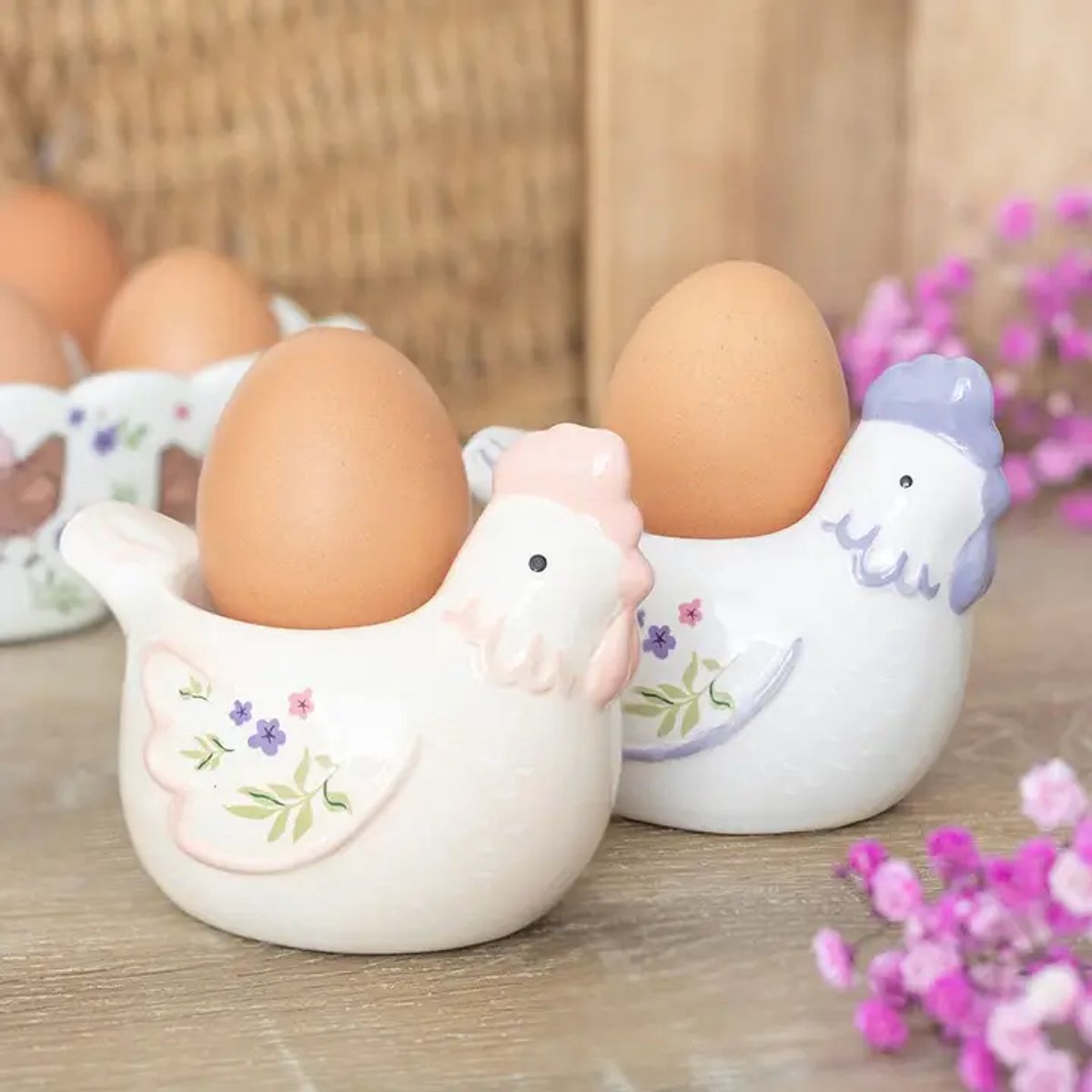 Eierdopjes - Kip - Bloemen - Set van 2 - Bloemig - Kippie - Kippig - Chick - Pasen - Lente - Ei - Eieren - Eierdopje