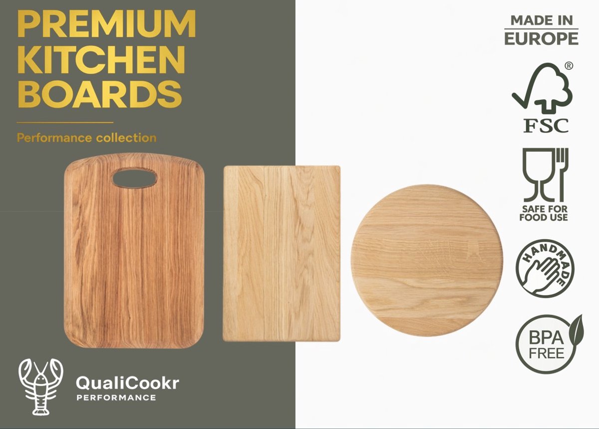 QualiCookr | Eiken Serveerboard SET 340x240x20MM + 300x200x15MM + ∅220x15MM | Borrelplank | Kaasplank | Tapasplank | Serveerplank | Hapjesplank | Snijplank