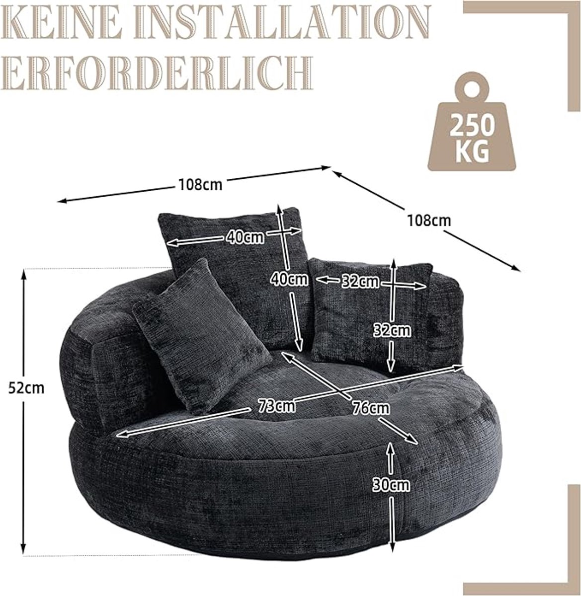 Zitzak Lounge Stoel met Hoge Rug 108x108x52 cm – Oversized Comfort Gaming & Relax Stoel voor Volwassenen en Kinderen – Chenille Lazy Chair, Ergonomische Slaapkamer- en Woonkamerstoel – Pauwhome
