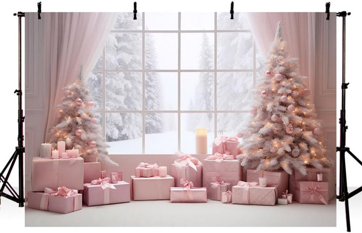 Roze Winter Kerstfoto Achtergrond met Bomen voor Feest en Portret