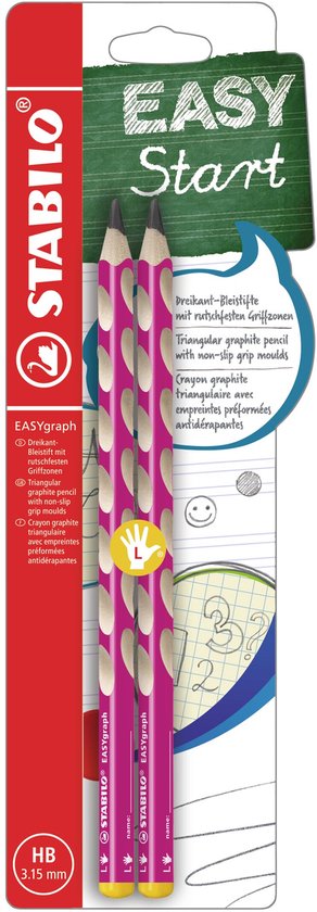 Deux crayons STABILO EASYgraph roses à motifs ovales blancs, sur un emballage avec des dessins.