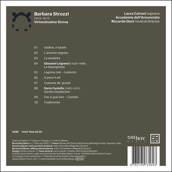 Albumhoes met titel "Barbara Strozzi Virtuosissima Sirena" en tracklist.
