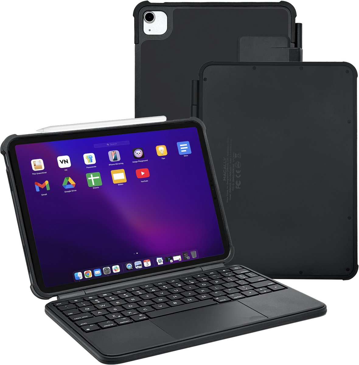 Macally IPKBCASE11 iPad (A16/11th en 10th gen.) toetsenbord folio hoes - Toetsenbord met verlichte toetsen en groot intuïtief touchpad - Vormvaste hoes - Verstelbare standaard - Alle onderdelen zijn afneembaar!