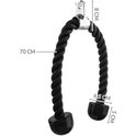 Afmetingen van een zwarte tricep rope: 70 cm touwlengte, 8 cm oog, 6,5 cm breedte en 5 cm hoogte van de uiteinden.