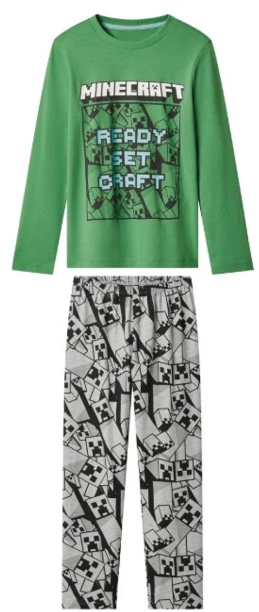 minecraft pyjama - Pyjama Kinderen - minecraft - groen/grijs - Maat 158/164 - katoen - lange mouw