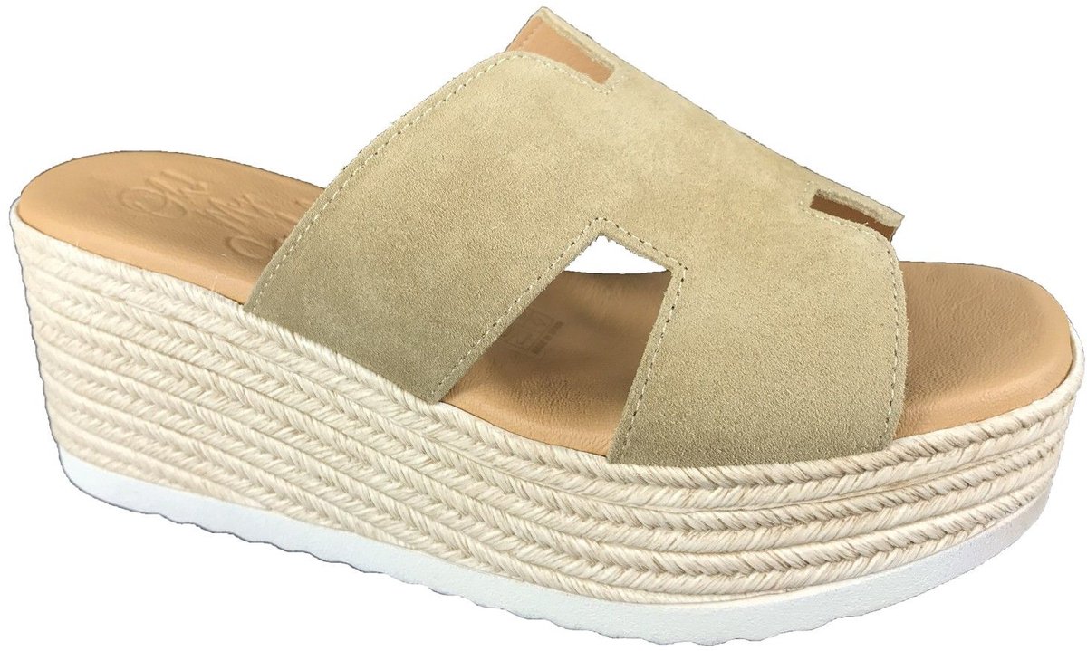 Oh My Sandals 6030 camel plateau slipper met H-uitsnijding | Bonne Shoe
