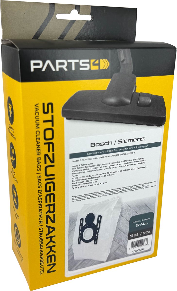 5 Stofzuigerzakken PARTS4® geschikt voor Bosch / Siemens G ALL | Made in Europe | Passend in o.a. Free'e, Ergomaxx'x, In'genius, Serie 8, Serie 4, SI52, SI69, NR150+