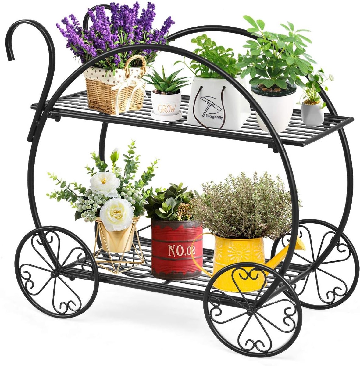 KOMFOTTEU Bloemenstandaard, metaal, plantenwagen, bloemenwagen met 4 wielen, plantenstandaard met 2 handgrepen, bloementrap en plantentrap voor woonkamer, balkon, terras, zwart