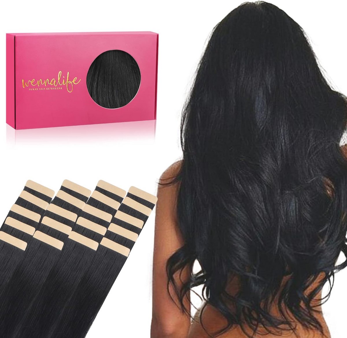 Tape-in Haarverlenging Echt Haar 45 cm 50 Gram Zwart