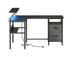 Hoekcomputerbureau L-vormig bureau 120 x 150 x 76-90 cm zwart met opklapbare monitorsteun, 2 lade(s) links/rechts te plaatsen, verstelbare LED-verlichting en stopcontacten, stevig metalen frame, eenvoudig te monteren