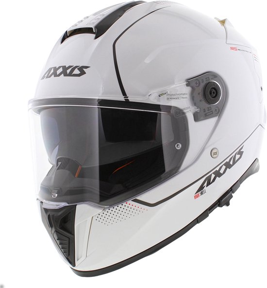 Witte Axxis integraalhelm met helder vizier, zwarte accenten en rode details.