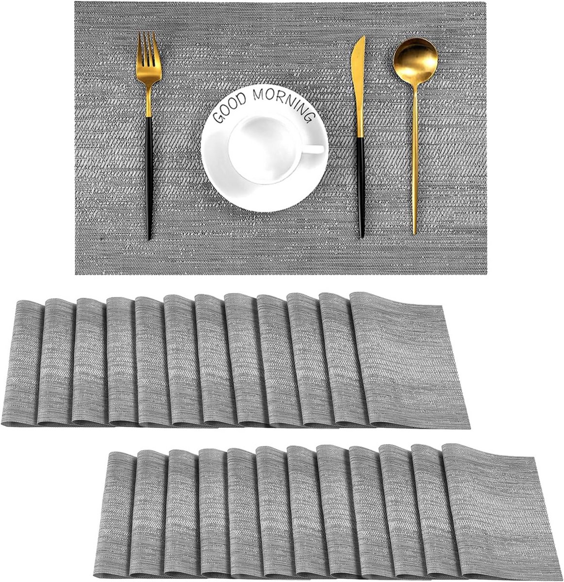 24x Grijze Placemats Hittebestendig Antislip Tafelmatten PVC Vinyl Geweven - Wasbaar