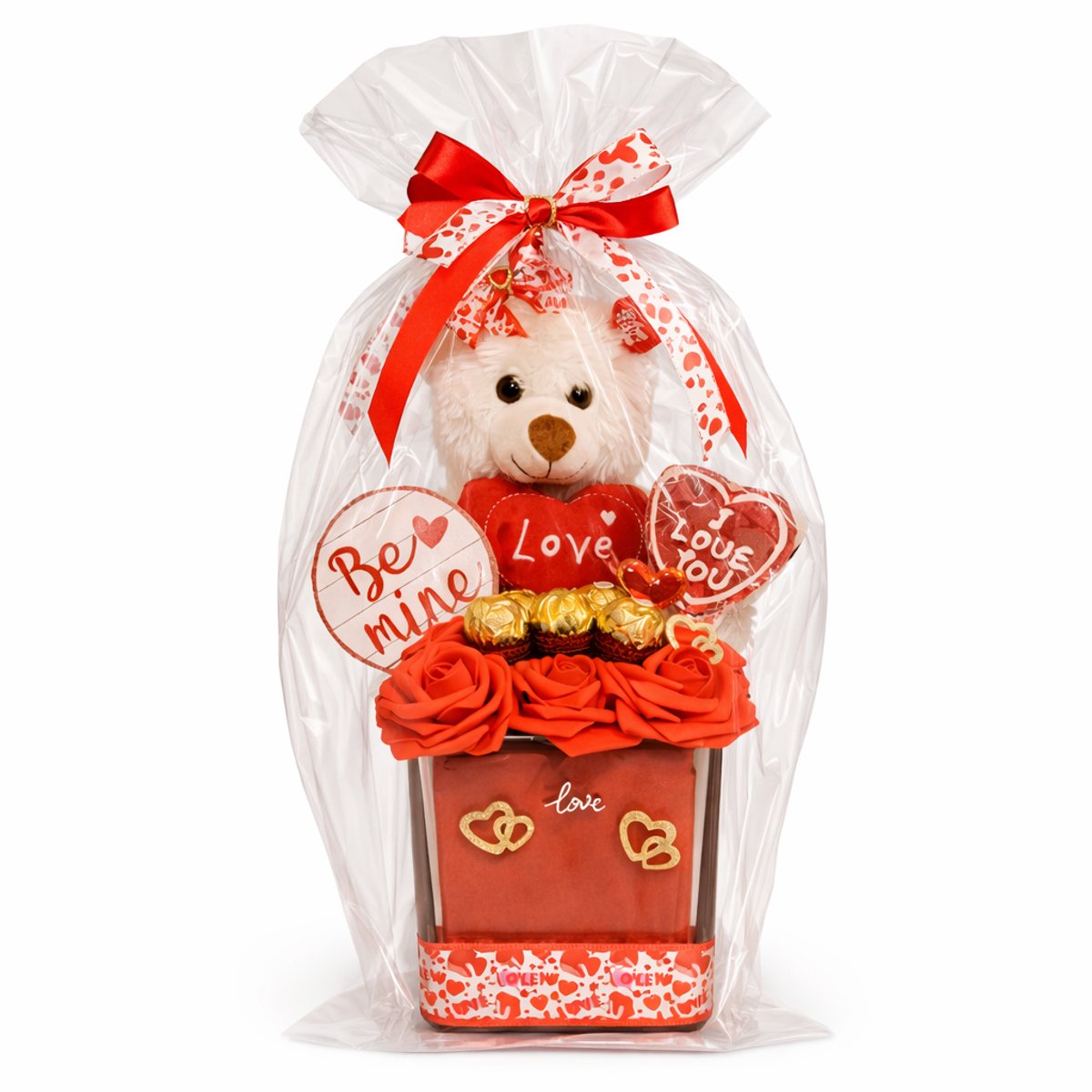 Valentijn Cadeauvaas met Beer, Rozen & Ferrero Rocher - Luxecadeaumanden - Liefde