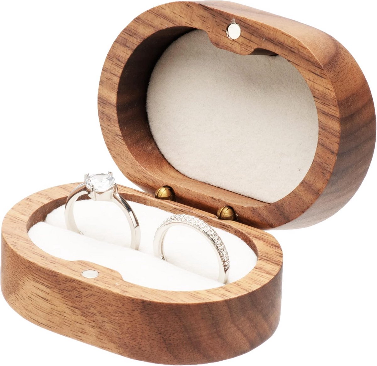 Ovale Houten Verlovingsring Doos voor Bruiloft en Cadeaus - Beige Binnenkant