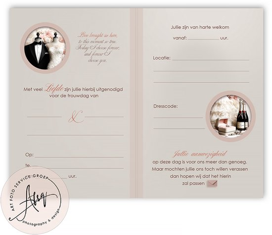 Open trouwkaart met bruidspaar, ringen, champagne en bloemen. Veldjes voor datum, locatie, dresscode en RSVP.