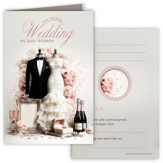 Trouwkaart met op de voorkant een trouwjurk, smoking, ringendoosje, champagneflessen en bloemen. Tekst: "Wedding WIJ GAAN TROUWEN!".