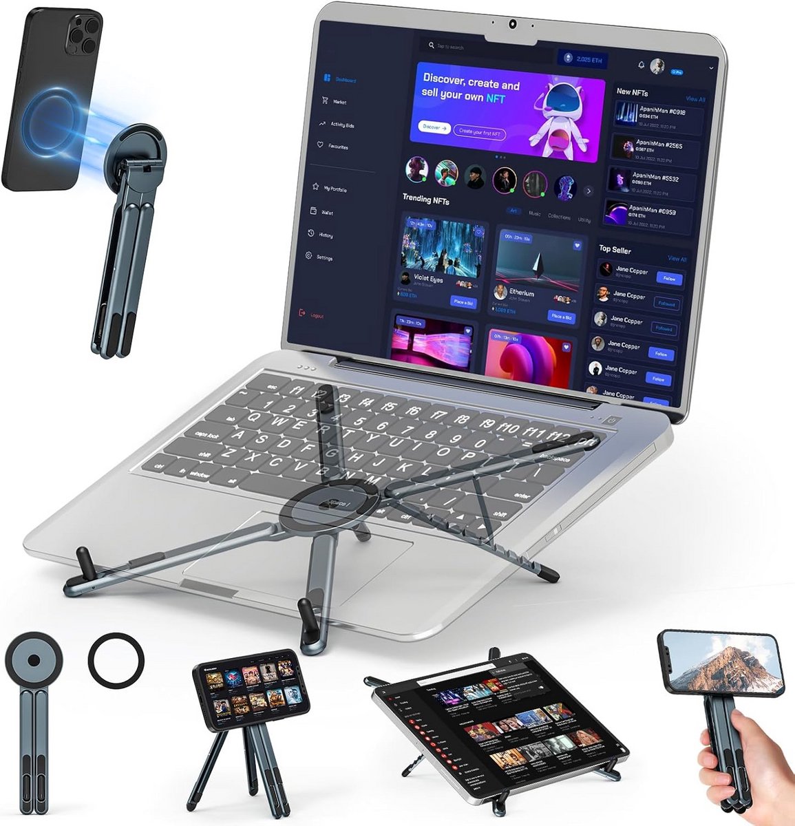 Verstelbare 3-in-1 Aluminium Stand voor Laptop, Tablet en Smartphone