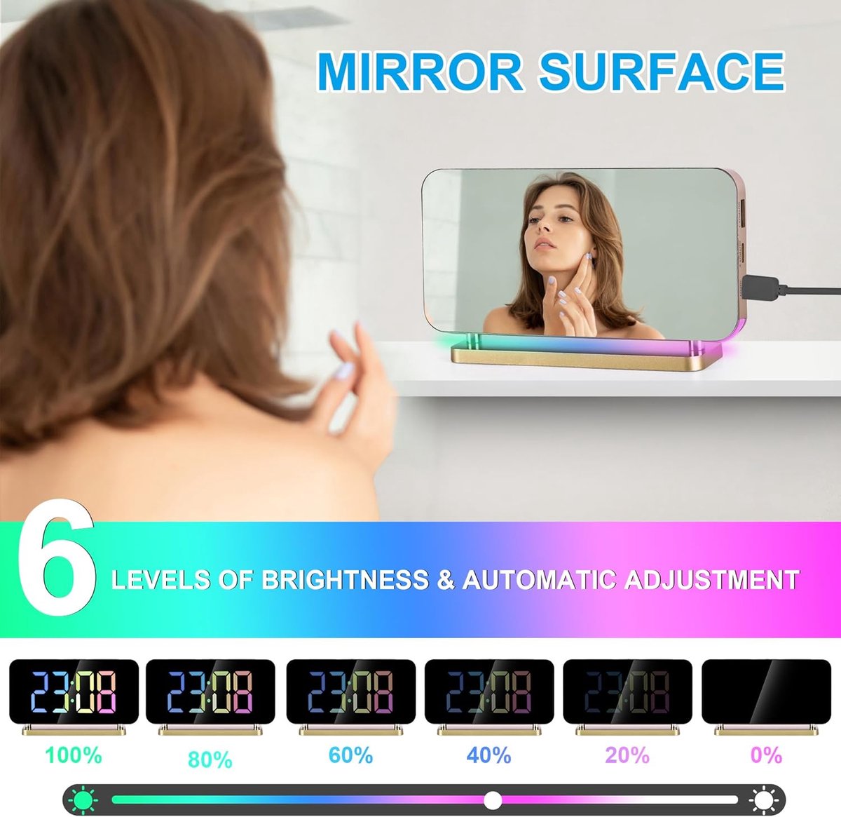 Digitaal Wekkerhorloge - Digitaal LED Elektronisch Bureauwekker - 11 Kleuren Tijdsweergave en RGB 10-Modus Nachtlamp - USB-C Oplaadbare Bedside Klok met Projectie - Geschikt voor Slaapkamer en Kantoor - Gouden Kleur — cadeau in Wonen & Interieur - foto 5
