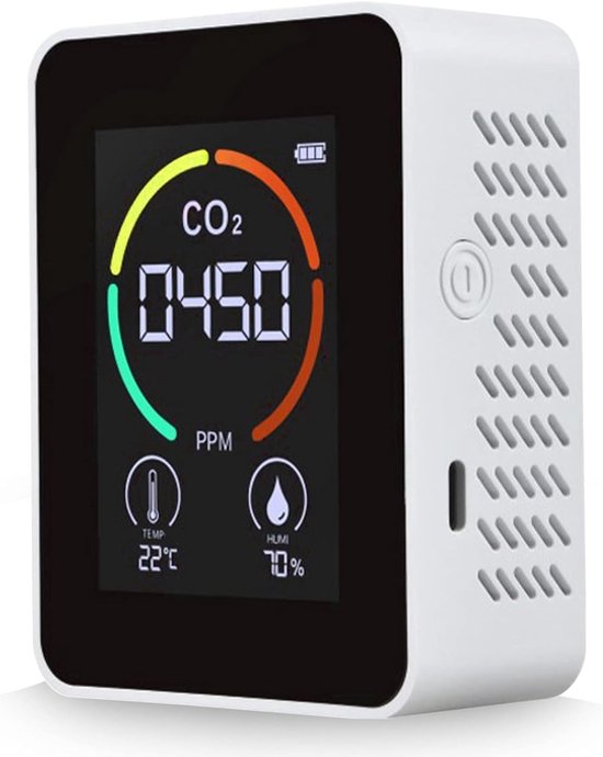 Thermometer – Hygrometer – Digitale CO2 Meter – Luchtkwaliteit Meter met Temperatuur en Vochtigheid Sensor – Real-time Binnenshuis Lucht Monitoring voor Kantoor en Huis – 1200mAh Battery & USB-Oplaadbaar – Wit