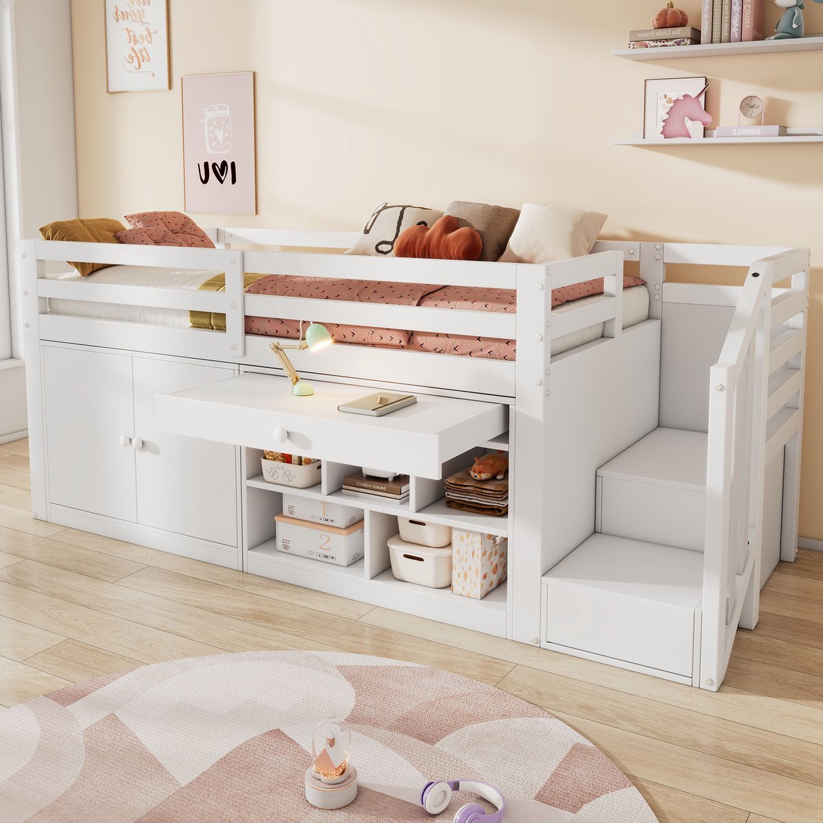 Merax Kinderbed 90x200 cm - met opbergruimte - trap/kast verwisselbaar links/rechts - lade om te zetten tot bureau - wit - zonder matras