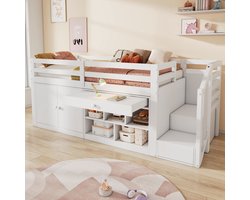 Kinderbed 90x200 cm - met opbergruimte - trap/kast verwisselbaar links/rechts - lade om te zetten tot bureau - wit - zonder matras
