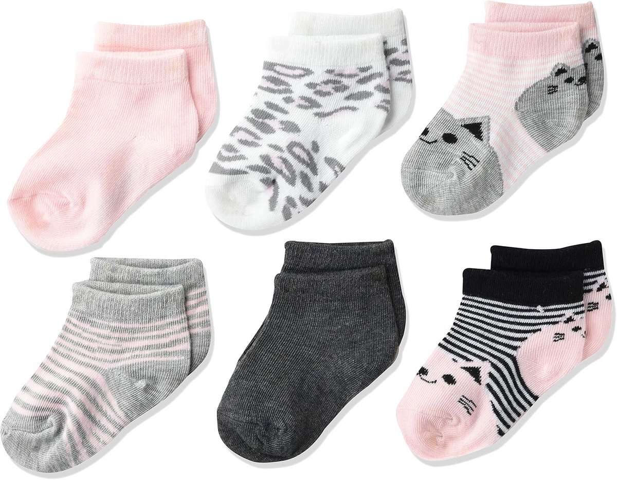 6 Paar Korte Sokken voor Baby Meisjes in Verschillende Kleuren en Prints