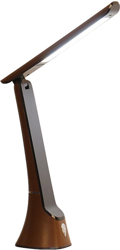 Bruine bureaulamp met verstelbare arm en basis, geïsoleerd op witte achtergrond.