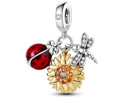 Fler® | Bedel | Past op populaire bedelarmbanden (standaard - 3mm) | Zonnebloem met Lieveheersbeestje en Libelle Bedel | Hangbedel Charm | 925 sterling zilver | Transparante & Oranje Zirkonia | Rode Emaille | Armband Kraal | Valentijnsdag Cadeau