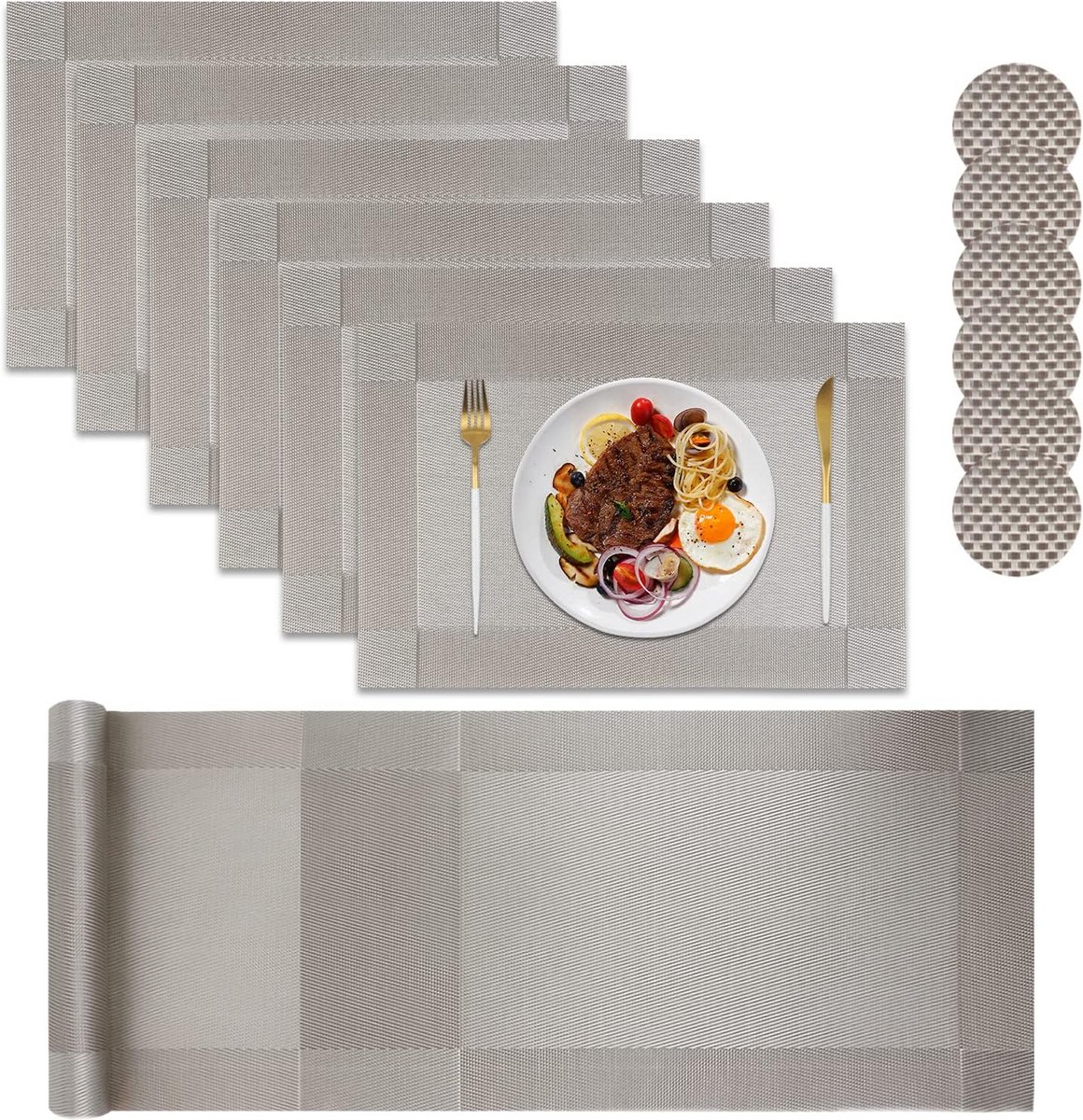 Set van 6 Wasbare Placemats en Onderzetters - Hittebestendig Tafelmat Grijs 30x45cm