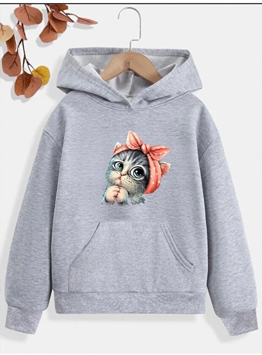 Trendy Kinder Hoodie Lichtgrijs met Schattige Kat Illustratie en Comfortabele Pasvorm voor Jongens en Meisjes - 4XL-5XL